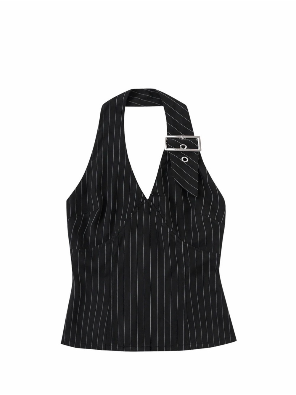 Fashion Brand Company Black Pinstripe Halter Top with Silver Buckle